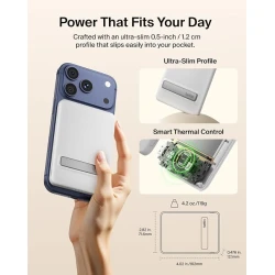 شاحن Belkin BoostCharge المحمول بتقنية Qi2 بقوة 15 واط، بنك طاقة مغناطيسي نحيف بسعة 5000 مللي أمبير مع مسند، يتضمن كابل USB-C، بطارية شحن سريع لأجهزة iPhone وAirPods وGalaxy وPixel وiPad وغيرها - أبيض