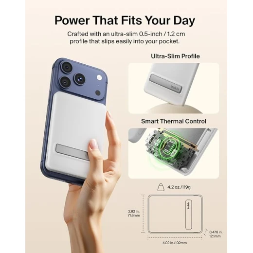 شاحن Belkin BoostCharge المحمول بتقنية Qi2 بقوة 15 واط، بنك طاقة مغناطيسي نحيف بسعة 5000 مللي أمبير مع مسند، يتضمن كابل USB-C، بطارية شحن سريع لأجهزة iPhone وAirPods وGalaxy وPixel وiPad وغيرها - أبيض شاحن Belkin BoostCharge المحمول بتقنية Qi2 بقوة 15 واط، بنك طاقة مغناطيسي نحيف بسعة 5000 مللي أمبير مع مسند، يتضمن كابل USB-C، بطارية شحن سريع لأجهزة iPhone وAirPods وGalaxy وPixel وiPad وغيرها - أبيض