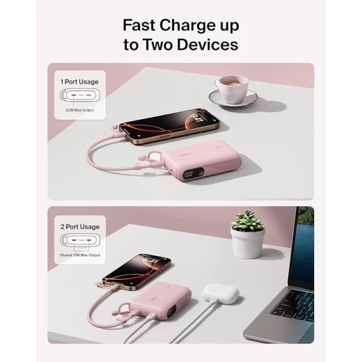 باور بانك بيلكن بوست تشارج 10000 مللي أمبير، شحن سريع 20 واط، شاشة رقمية، منفذا USB-C، وردي، محمول للسفر - بيلكين - Image 4