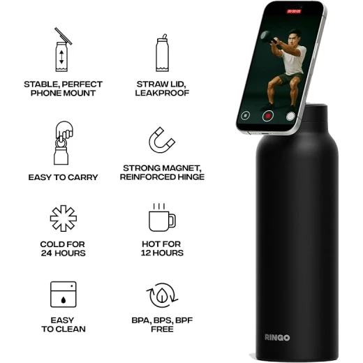 RINGO PRO Insulated Water Bottle 24 oz, Stainless Steel, 360° Magnetic Phone Mount, MagSafe Compatible, Leak-Proof Straw Lid, Black - Ringo - Image 2
