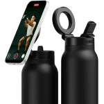 RINGO PRO Insulated Water Bottle 24 oz, Stainless Steel, 360° Magnetic Phone Mount, MagSafe Compatible, Leak-Proof Straw Lid, Black - Ringo