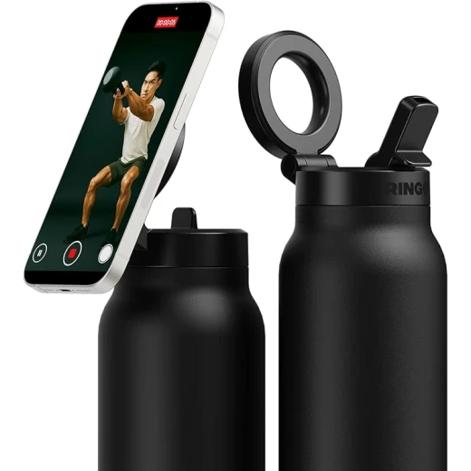 RINGO PRO Insulated Water Bottle 24 oz, Stainless Steel, 360° Magnetic Phone Mount, MagSafe Compatible, Leak-Proof Straw Lid, Black