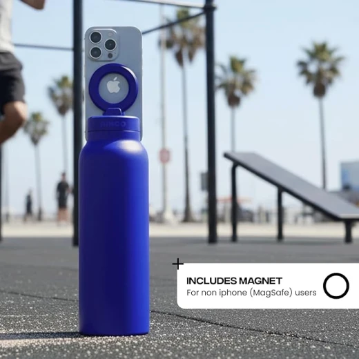 RINGO Pro Insulated Water Bottle 24 oz, Stainless Steel, 360° Magnetic Phone Mount, MagSafe Compatible, Leak-Proof Straw Lid, Blue