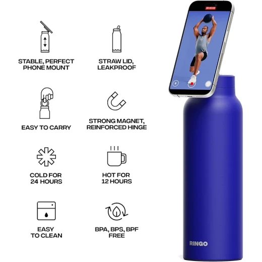 RINGO Pro Insulated Water Bottle 24 oz, Stainless Steel, 360° Magnetic Phone Mount, MagSafe Compatible, Leak-Proof Straw Lid, Blue - Ringo - Image 3