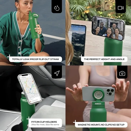 زجاجة مياه رينجو برو 24 أونصة، ستانلس ستيل، حامل هاتف مغناطيسي 360 درجة، متوافقة مع MagSafe، شفاط مانع للتسرب، أخضر - رينغو - Image 3