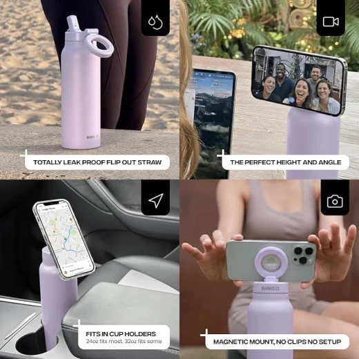 RINGO Pro Insulated Water Bottle 24 oz, Stainless Steel, 360° Magnetic Phone Mount, MagSafe Compatible, Leak-Proof Straw Lid, Lilac - Ringo - Image 3