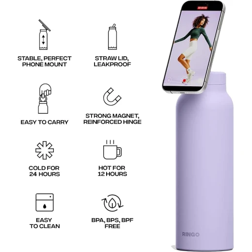 RINGO Pro Insulated Water Bottle 24 oz, Stainless Steel, 360° Magnetic Phone Mount, MagSafe Compatible, Leak-Proof Straw Lid, Lilac - Ringo - Image 2
