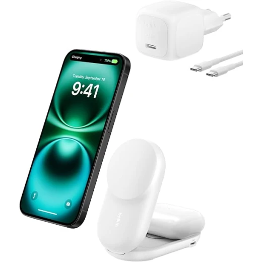 Belkin UltraCharge 2-in-1 Wireless Charger 25W, Qi2 Certified and MagSafe Compatible, Charging Station for iPhone and AirPods, USB-C Port with 45W Adapter Belkin UltraCharge 2-in-1 Wireless Charger 25W, Qi2 Certified and MagSafe Compatible, Charging Station for iPhone and AirPods, USB-C Port with 45W Adapter