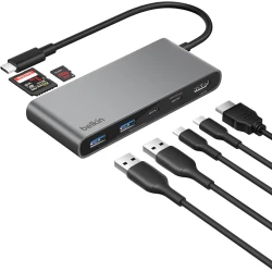 Belkin USB-C Hub 7-in-1, 4K HDMI Display at 60Hz, SD & MicroSD Card Readers, 100W Power Delivery, 5Gbps Data Transfer, Multiport Adapter - Grey