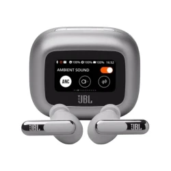 JBL Live Beam 3 True Wireless Earbuds, Adaptive Noise Cancelling, 1.45-Inch Touchscreen Charging Case, Bluetooth 5.3, Up to 48 Hours Battery, Silver