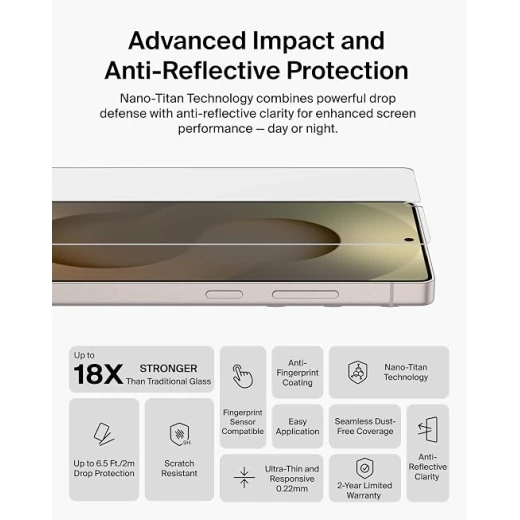 واقي شاشة بيلكن ScreenForce Titan SmartShield لهاتف سامسونج جالكسي S26 Ultra، مضاد للانعكاس والخدوش والصدمات، صلابة 9H، مضاد للبصمات، زجاج فائق النحافة 0.22 مم - بيلكين - Image 4