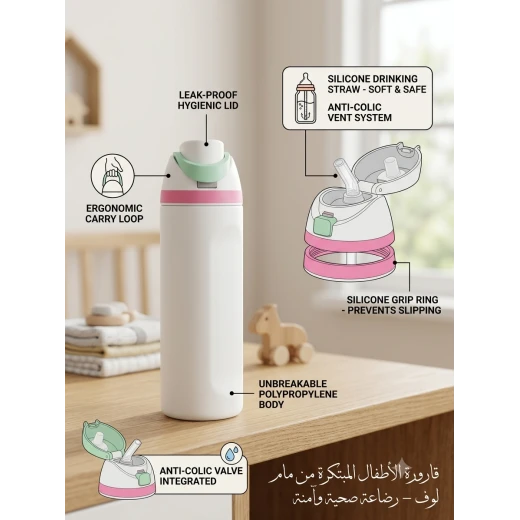 قارورة مياه أطفال كريمية 850 مل معزولة حراريًا بغطاء مانع للتسرب وشفاطة سيليكون خالية من BPA، نظام مضاد للمغص، حلقة حمل وقاعدة مانعة للانزلاق - Image 2