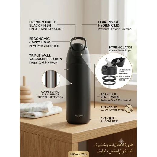 قارورة مياه أطفال سوداء معزولة حراريًا 850 مل بغطاء مانع للتسرب وشفاطة سيليكون خالية من BPA، نظام مضاد للمغص، حلقة حمل مريحة وقاعدة مانعة للانزلاق - Image 2