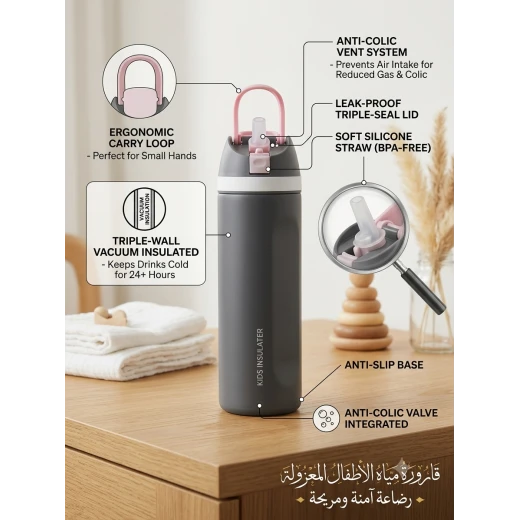 قارورة مياه أطفال معزولة حراريًا بغطاء مانع للتسرب وشفاطة سيليكون خالية من BPA، نظام مضاد للمغص، حلقة حمل مريحة وقاعدة مانعة للانزلاق قارورة مياه أطفال معزولة حراريًا بغطاء مانع للتسرب وشفاطة سيليكون خالية من BPA، نظام مضاد للمغص، حلقة حمل مريحة وقاعدة مانعة للانزلاق