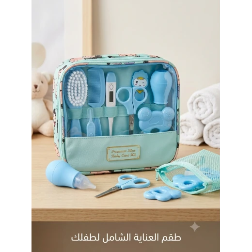 طقم عناية للأطفال باللون الأزرق مع حقيبة تنظيم محمولة، مجموعة أدوات العناية بالطفل تشمل فرشاة ومشط ومقياس حرارة وأدوات قص الأظافر للاستخدام اليومي والسفر طقم عناية للأطفال باللون الأزرق مع حقيبة تنظيم محمولة، مجموعة أدوات العناية بالطفل تشمل فرشاة ومشط ومقياس حرارة وأدوات قص الأظافر للاستخدام اليومي والسفر