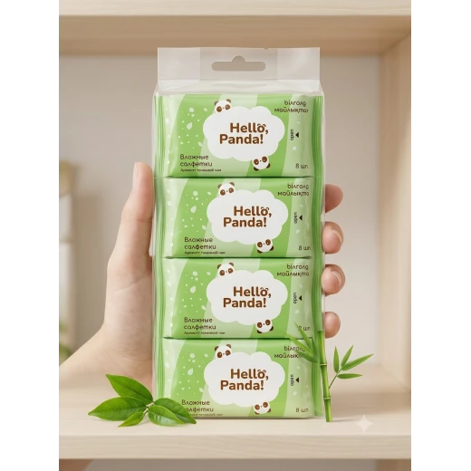 Hello Panda Mini Wet Wipes with Green Tea Scent, Compact Travel Wipes, 8 Wipes per Pack, Portable Cleaning Tissues for School, Travel and Everyday Use