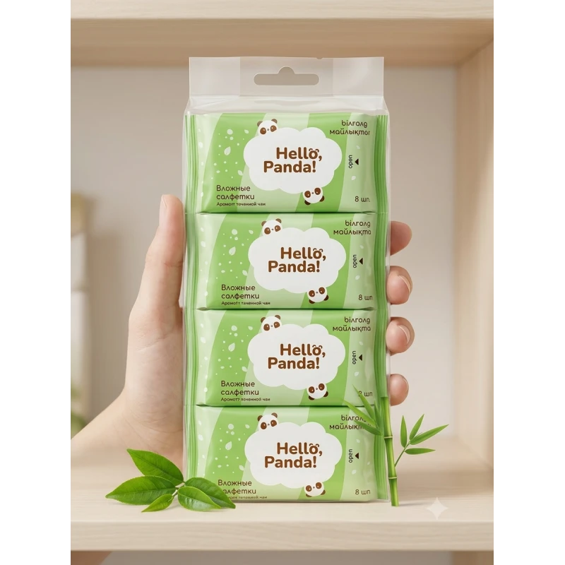 Hello Panda Mini Wet Wipes with Green Tea Scent, Compact Travel Wipes, 8 Wipes per Pack, Portable Cleaning Tissues for School, Travel and Everyday Use