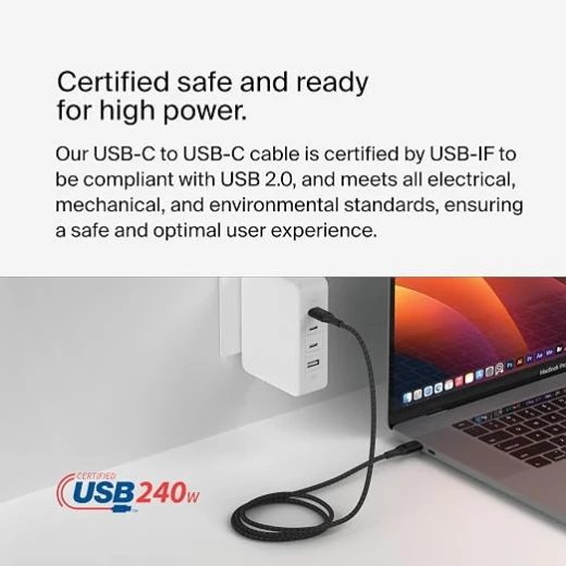 Belkin BoostCharge USB-C to USB-C Cable 240W, 6.6ft Braided Fast Charging Cable, USB Power Delivery, USB-IF Certified, Over-Temperature Protection - Belkin - Image 3