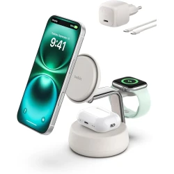 Belkin UltraCharge Pro محطة شحن لاسلكية 3 في 1 بقدرة 25 واط، معتمدة Qi2.2 ومتوافقة مع MagSafe، شحن iPhone وApple Watch وAirPods، تبريد نشط