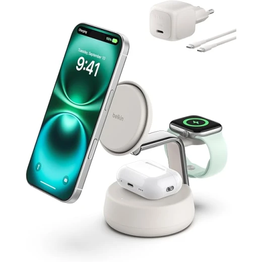Belkin UltraCharge Pro محطة شحن لاسلكية 3 في 1 بقدرة 25 واط، معتمدة Qi2.2 ومتوافقة مع MagSafe، شحن iPhone وApple Watch وAirPods، تبريد نشط