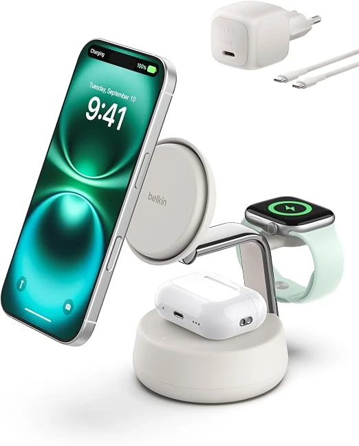 Belkin UltraCharge Pro محطة شحن لاسلكية 3 في 1 بقدرة 25 واط، معتمدة Qi2.2 ومتوافقة مع MagSafe، شحن iPhone وApple Watch وAirPods، تبريد نشط - بيلكين