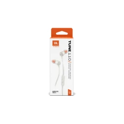 سماعات أذن سلكية داخل الأذن JBL Tune 110، صوت JBL Pure Bass، محركات 9 مم، ميكروفون مدمج، تحكم بزر واحد، أبيض