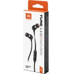 سماعات أذن سلكية داخل الأذن JBL Tune 110، صوت JBL Pure Bass، محركات 9 مم، ميكروفون مدمج، تحكم بزر واحد، أسود
