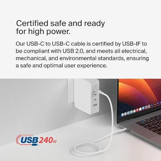 كابل شحن بيلكن BoostCharge من USB-C إلى USB-C، يدعم Power Delivery بقدرة 240 واط، معتمد USB-IF، شحن سريع، بطول 1 متر، أبيض - بيلكين - Image 3
