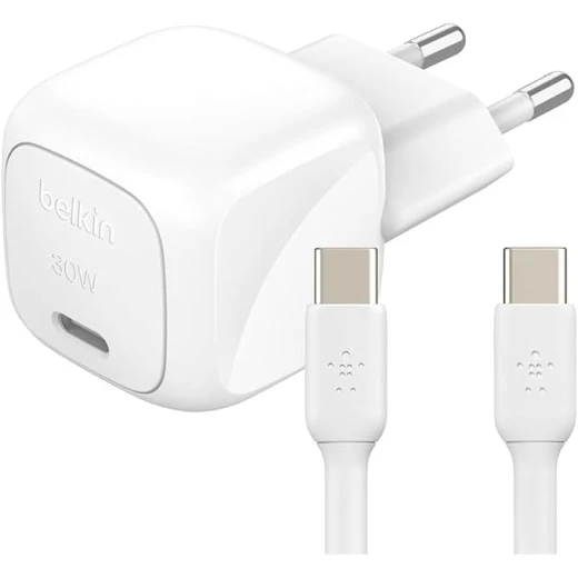 Belkin Compact BoostCharge 30W Mains Charger, USB-C Power Delivery, Fast Charging for iPhone, Samsung Galaxy, iPad, AirPods and Tablets, with 1m USB-C to USB-C Cable, White Belkin Compact BoostCharge 30W Mains Charger, USB-C Power Delivery, Fast Charging for iPhone, Samsung Galaxy, iPad, AirPods and Tablets, with 1m USB-C to USB-C Cable, White