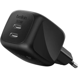 شاحن Belkin USB ثنائي المنافذ بقدرة 50 واط، شاحن GaN بمنفذي USB-C، شحن سريع للـ MacBook وiPhone 17 وiPad Pro وChromebook وGalaxy S25 Ultra وPixel 10، مناسب للسفر