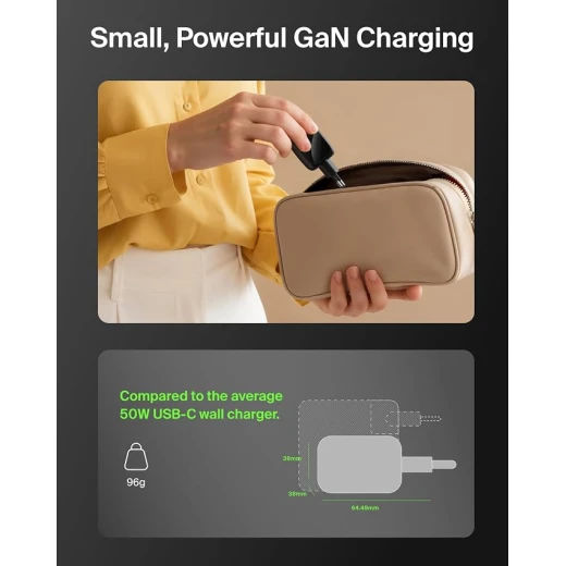 شاحن Belkin USB ثنائي المنافذ بقدرة 50 واط، شاحن GaN بمنفذي USB-C، شحن سريع للـ MacBook وiPhone 17 وiPad Pro وChromebook وGalaxy S25 Ultra وPixel 10، مناسب للسفر - بيلكين - Image 4