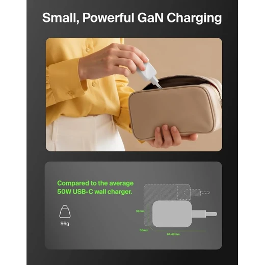 شاحن Belkin USB ثنائي المنافذ بقدرة 50 واط، شاحن GaN بمنفذي USB-C، شحن سريع، مناسب للـ MacBook وiPhone وiPad وChromebook وSamsung Galaxy وPixel، أبيض - بيلكين - Image 4