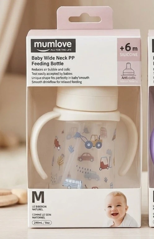 MumLove Baby Wide Neck Feeding Bottle 240ml, Soft Silicone Anti-Colic Teat, Smooth Milk Flow, Natural Breast-Like Shape, Comfortable Daily Feeding - Mumlove