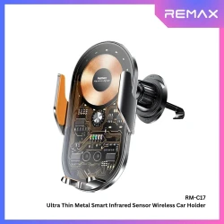 حامل جوال للسيارة REMAX RM-C17 أسود، مستشعر ذكي بالأشعة تحت الحمراء، شحن لاسلكي سريع 15 واط، تثبيت آمن وتصميم متوافق مع مجموعة واسعة من الهواتف