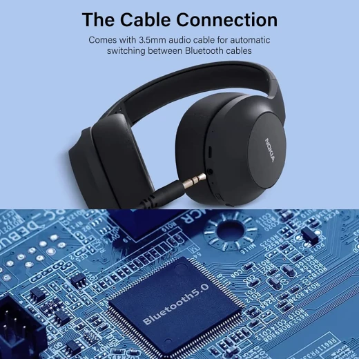 سماعات Nokia Essential E1200 اللاسلكية، بلوتوث، بطارية تصل إلى 40 ساعة تشغيل، تصميم خفيف وقابل للطي، وسائد مريحة، منفذ 3.5 مم، أسود - نوكيا - Image 5