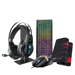 طقم ألعاب أونيكوما 5 في 1 TZ5006، كيبورد وماوس وسماعة وحامل سماعة وباد ماوس، إضاءة RGB، ميكروفون عازل للضوضاء، أسود