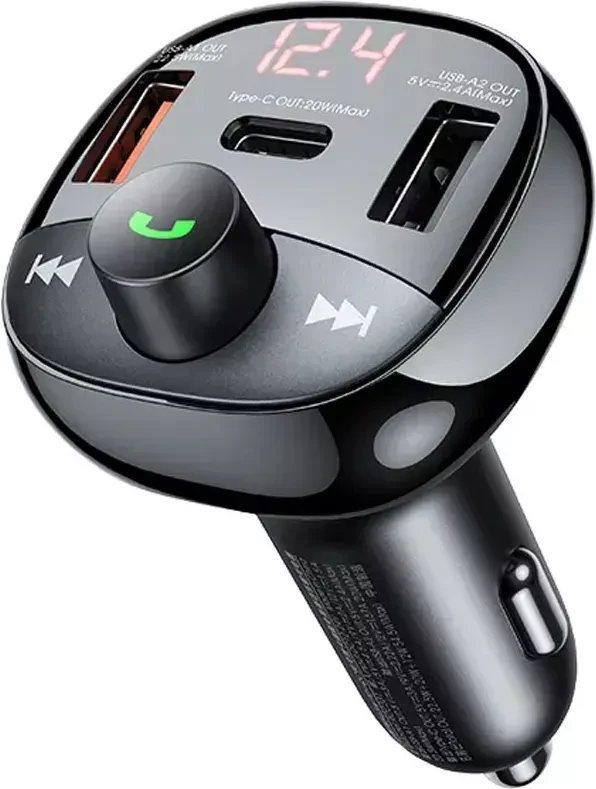 Remax RCC331 54.5W PD QC Car Charger with Bluetooth FM Transmitter, USB & USB-C, MicroSD Music Player, Hands-Free Speakerphone - Remax