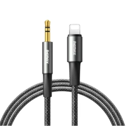 محول صوت ريماكس C25 من Lightning إلى 3.5mm Jack بطول 1.2 متر بتصميم مضفر وجودة صوت عالية للآيفون والآيباد باللون الأسود