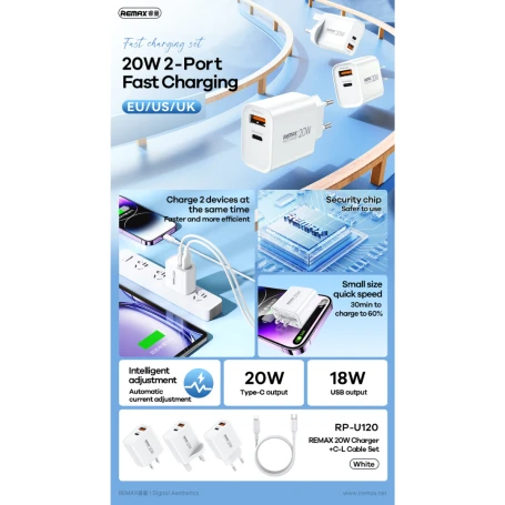 Remax Kiddy Series RP-U120 20W USB & USB-C Charger Set with Type-C and Lightning Cables, PD Fast Charging, EU Plug, White - Remax - Image 3