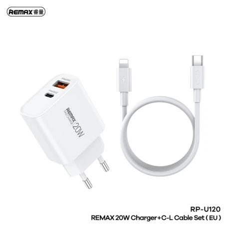 Remax Kiddy Series RP-U120 20W USB & USB-C Charger Set with Type-C and Lightning Cables, PD Fast Charging, EU Plug, White - Remax - Image 2