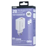 Remax Kiddy Series RP-U120 20W USB & USB-C Charger Set with Type-C and Lightning Cables, PD Fast Charging, EU Plug, White - Remax