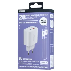 Remax Kiddy Series RP-U120 20W USB & USB-C Charger Set with Type-C and Lightning Cables, PD Fast Charging, EU Plug, White