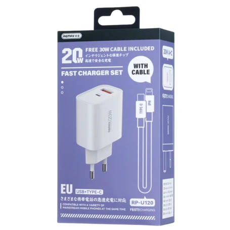 Remax Kiddy Series RP-U120 20W USB & USB-C Charger Set with Type-C and Lightning Cables, PD Fast Charging, EU Plug, White