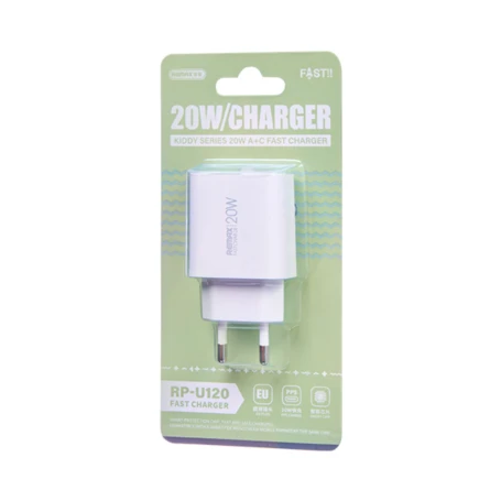 شاحن حائط ريماكس Kiddy Series RP-U120 بقدرة 20 واط USB وUSB-C للشحن السريع مع حماية من الحرارة والحمل الزائد وقابس EU أبيض شاحن حائط ريماكس Kiddy Series RP-U120 بقدرة 20 واط USB وUSB-C للشحن السريع مع حماية من الحرارة والحمل الزائد وقابس EU أبيض
