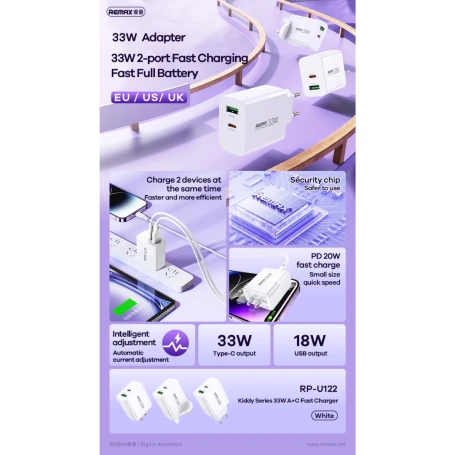 Remax Kiddy Series RP-U122 33W USB & USB-C Fast Wall Charger with Dual Ports, Safety Protection and EU Plug, Compact White Design - Remax - Image 3