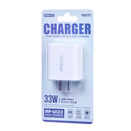 Remax Kiddy Series RP-U122 33W USB & USB-C Fast Wall Charger with Dual Ports, Safety Protection and EU Plug, Compact White Design Remax Kiddy Series RP-U122 33W USB & USB-C Fast Wall Charger with Dual Ports, Safety Protection and EU Plug, Compact White Design