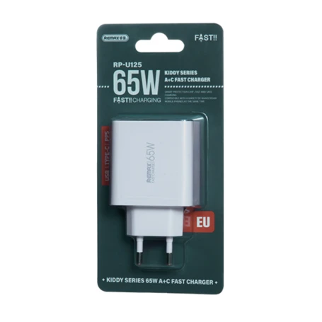 شاحن REMAX Kiddy Series RP-U125 بقوة 65W بتقنية GaN، منفذ USB وType-C، شحن سريع وآمن للهواتف والأجهزة اللوحية واللابتوبات، أبيض بفيشة EU شاحن REMAX Kiddy Series RP-U125 بقوة 65W بتقنية GaN، منفذ USB وType-C، شحن سريع وآمن للهواتف والأجهزة اللوحية واللابتوبات، أبيض بفيشة EU