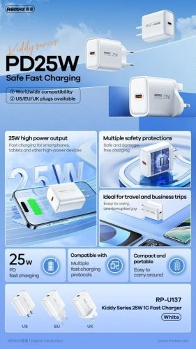 شاحن حائط REMAX Kiddy Series RP-U137 بقوة 25W ومنفذ USB-C، شحن سريع وآمن، تصميم مدمج باللون الأبيض، مناسب للهواتف والأجهزة المتوافقة - ريماكس - Image 3