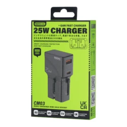 شاحن REMAX CM03 بقوة 25W بتقنية GaN ومنفذ USB-C، شاحن عالمي بفيش UK وEU وUS وAU، سريع ومدمج وآمن، باللون الأسود للسفر والاستخدام اليومي