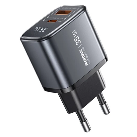 شاحن REMAX U2-AC35W سريع بتقنية GaN بقوة 35W، منافذ USB وType-C، شاشة رقمية لمراقبة الشحن، تصميم مدمج وأنيق، فيشة EU، باللون الفضي - ريماكس - Image 2